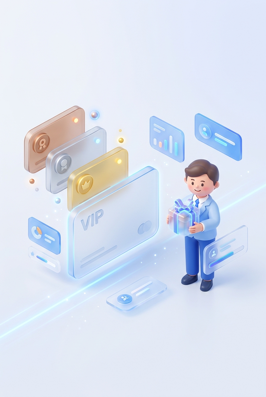 Customer loyalty illustration with tier badges, points cascading into a rewards card, and a repeat-customer journey path