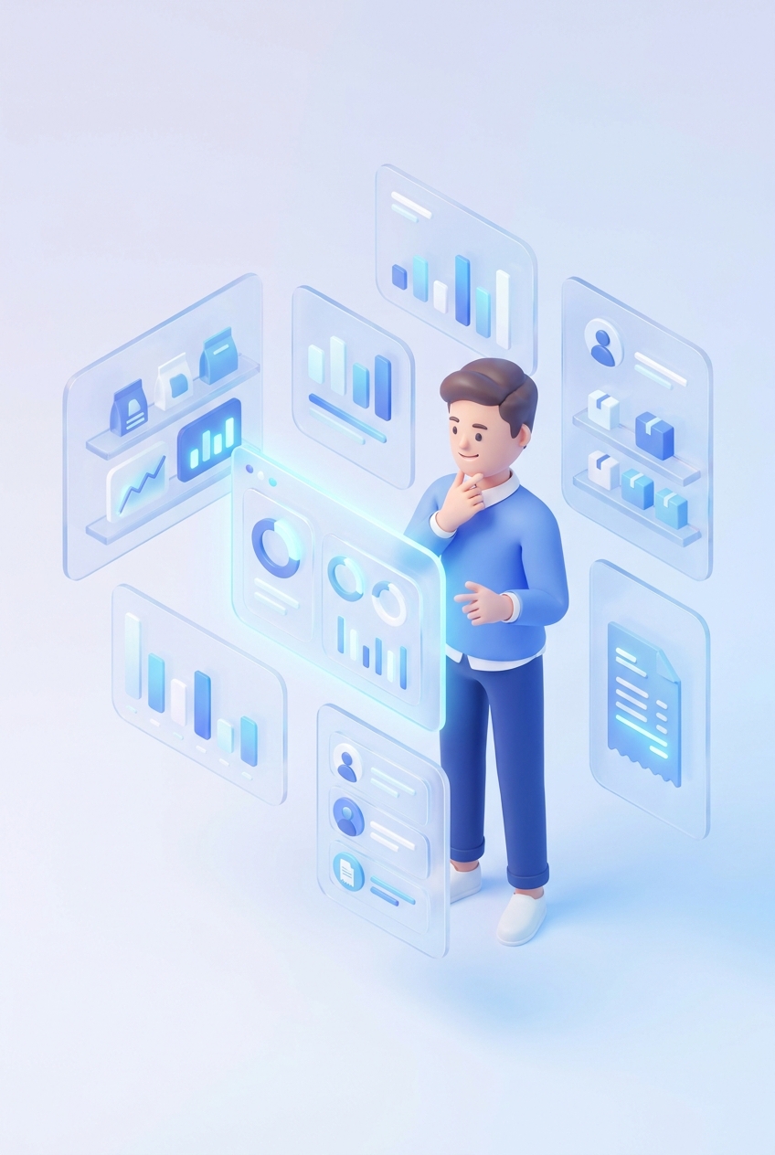 Isometric Kardopal Business — invoices, sales pipeline, inventory shelves, dashboard charts, customer profiles