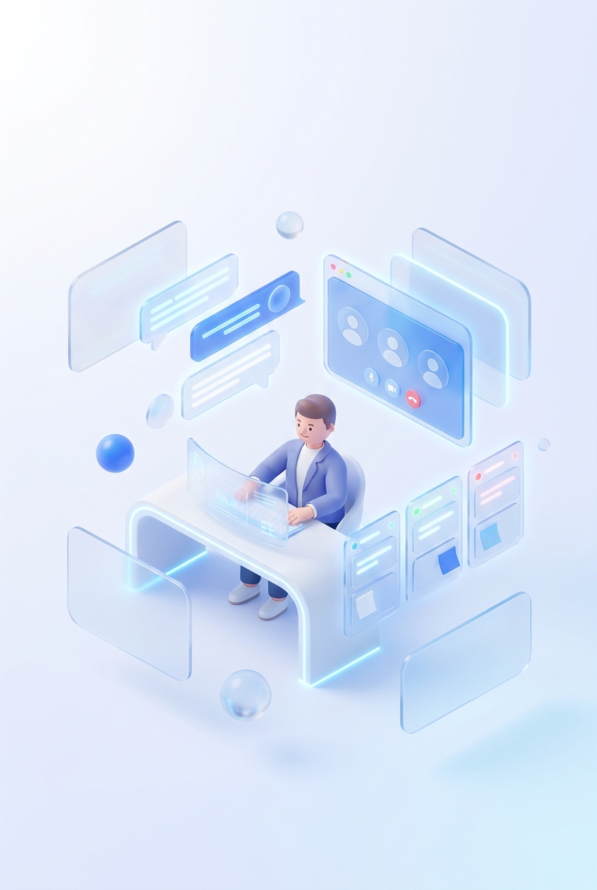 Isometric collaboration scene — chat bubbles, video huddle, kanban cards, sticky notes orbiting a central workspace