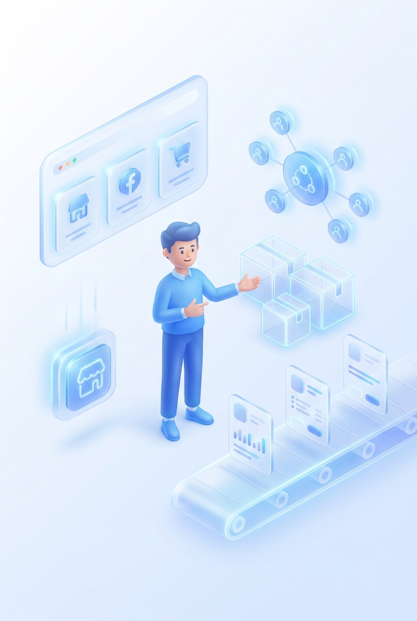 Isometric B2B commerce — packed shipping boxes, marketplace channels, partner network, order pipeline