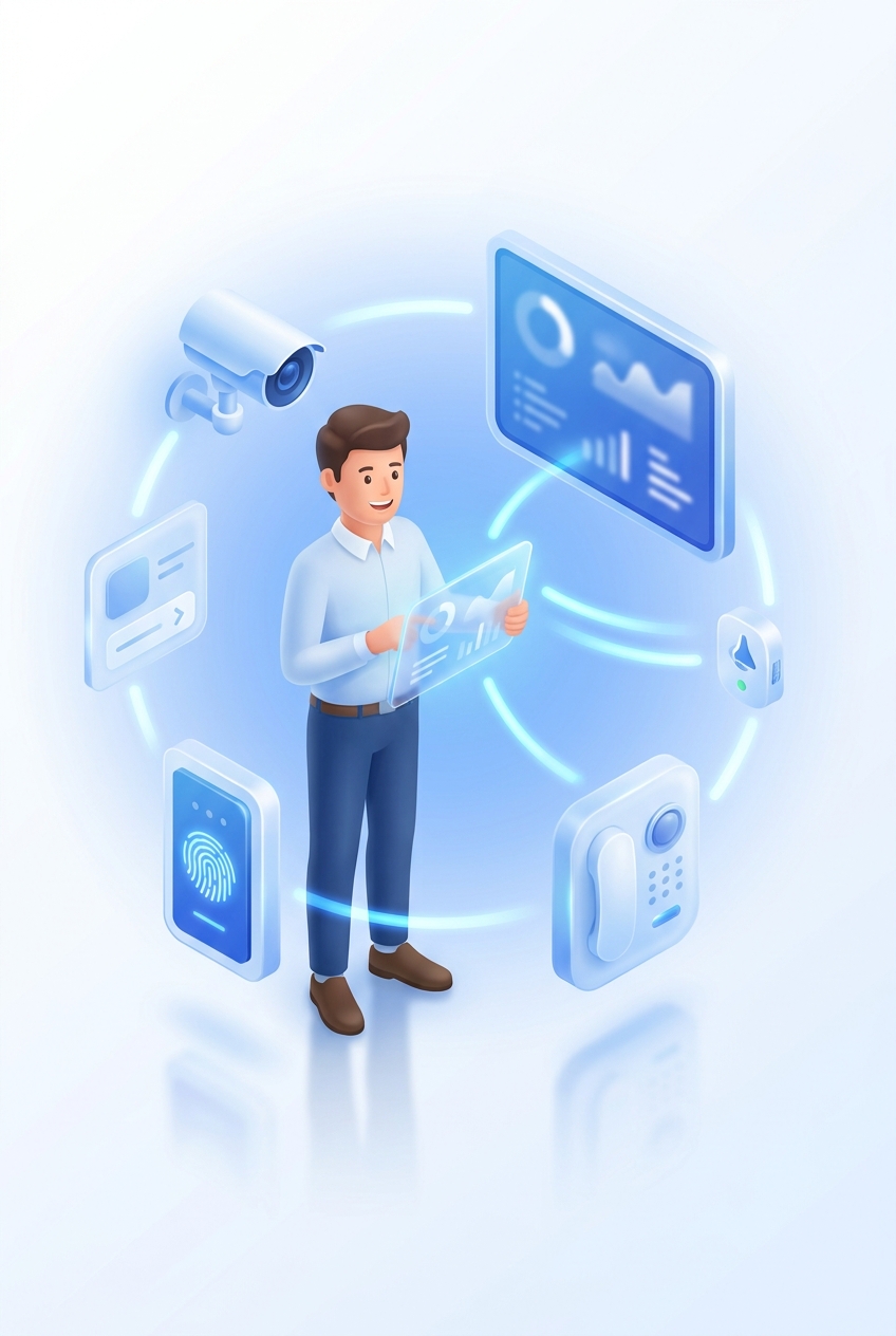 Isometric IoT devices — cameras, signage, sensors, access panels, intercoms in a smart facility