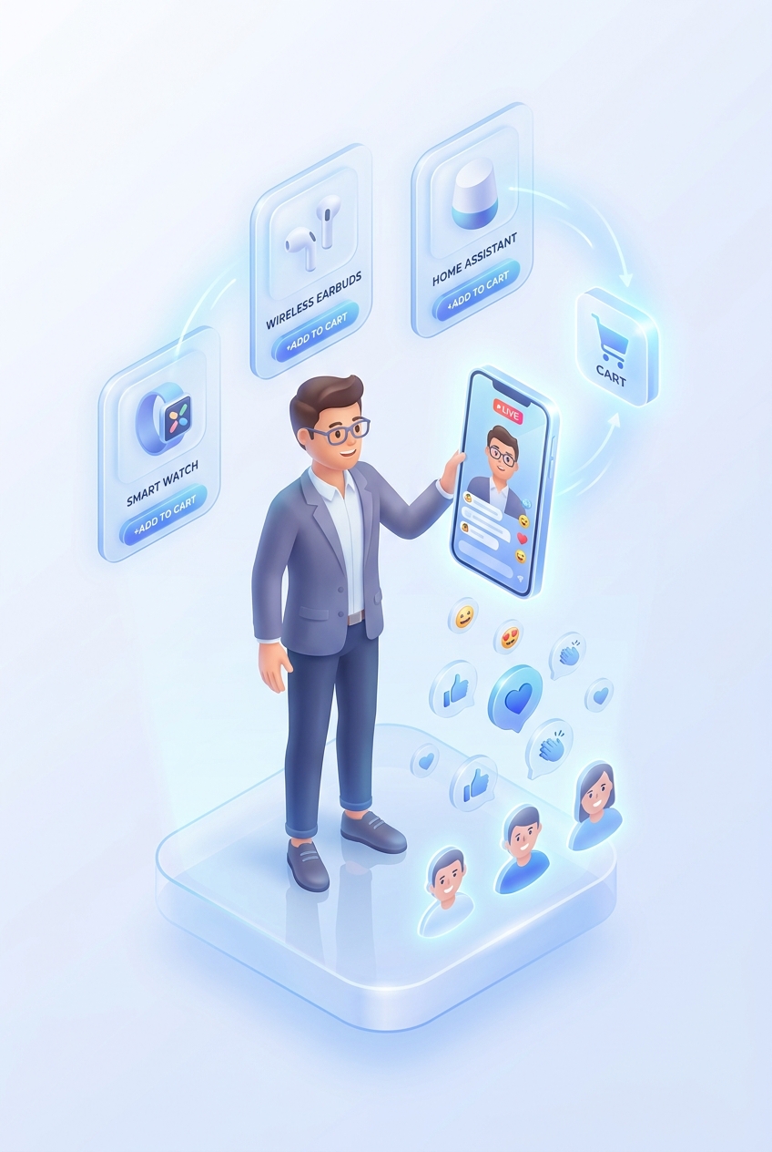 Isometric live shopping — phone with live stream, floating product cards being added to cart, chat reactions, viewer avatars